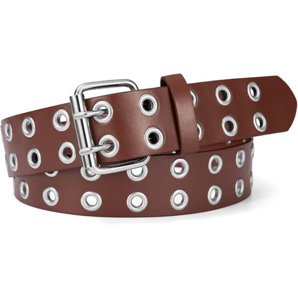 Men's Brown Double Prong Alloy Buckle Vintage Punk Jeans Pu Leather Belts - Picture 1 of 5